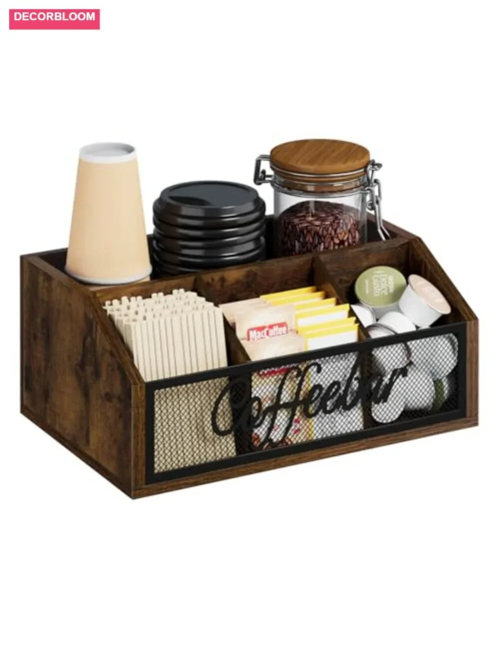 Wood Coffee Station Organizer with Removable Dividers, Coffee Pod Holder, Syrup